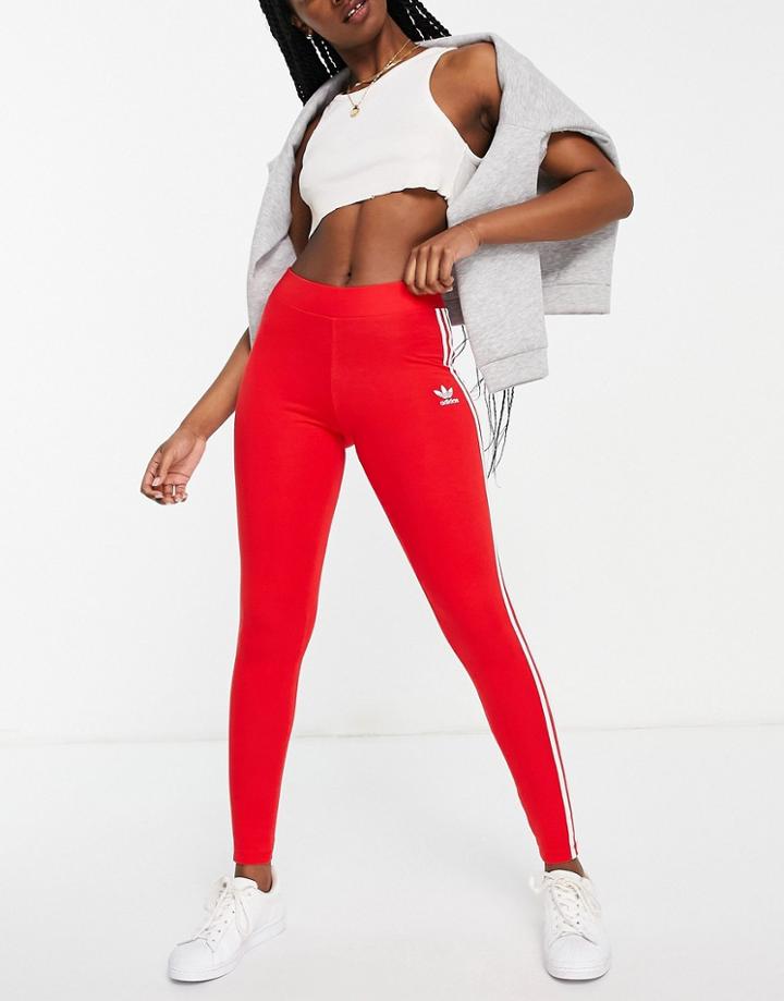 Adidas Originals 3 Stripe Leggings In Red