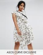 Asos Curve Tea Dress With Hook & Eye In Mono Floral - Multi