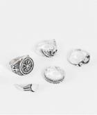 Asos Design 5 Pack Mixed Signet Ring Set With Snake And Leaf In Silver Tone