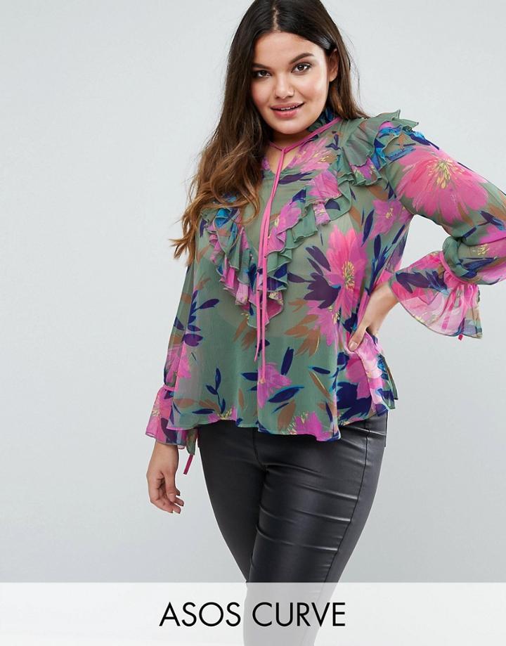 Asos Curve Blouse In Floral Print With Ruffle Front - Multi