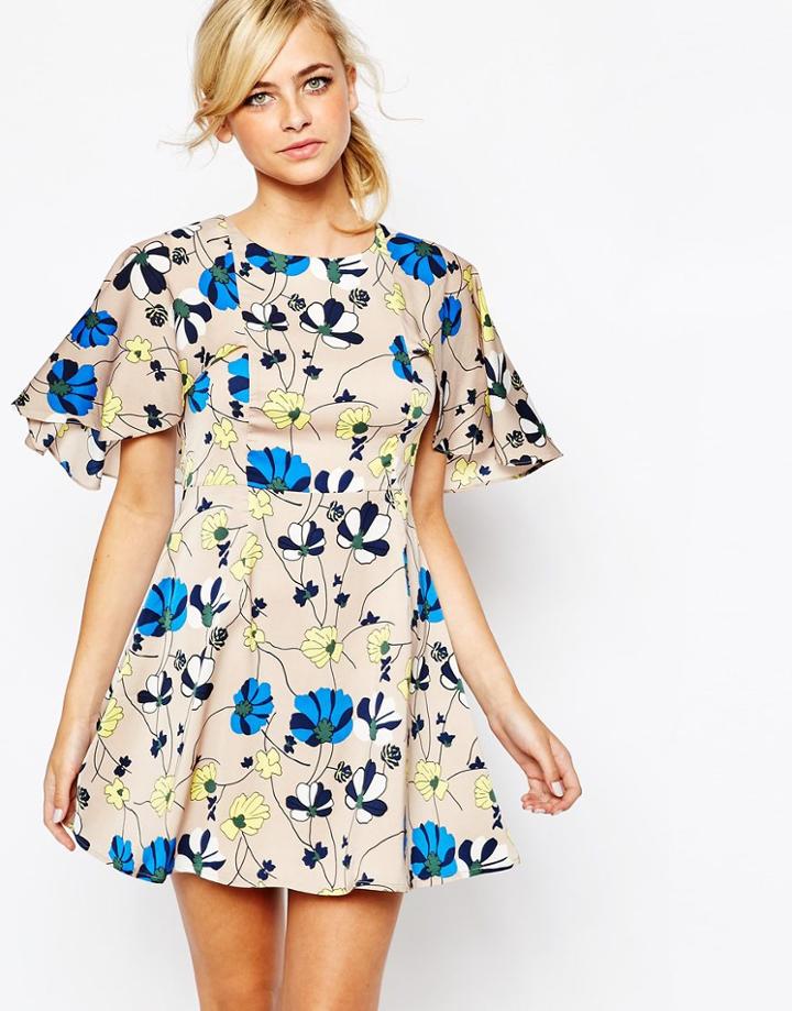 Dahlia Floral Dress With Cape Detail - Multi