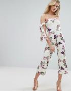 Oh My Love Bardot Jumpsuit With Tie Sleeves In Floral Print - White