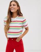 Brave Soul Ibiza Ringer Tee In Rainbow Stripe - White