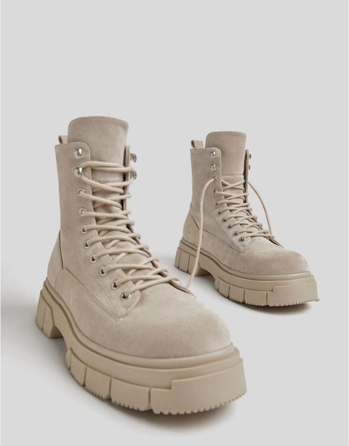 Bershka Lace Up Boots In Sand-neutral