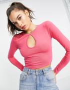 Asos Design Long Sleeve Crop Top With Keyhole Cut-out In Bright Pink
