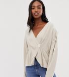 Asos Design Tall Long Sleeve Asymmetric Wrap Top With Button Detail - Brown