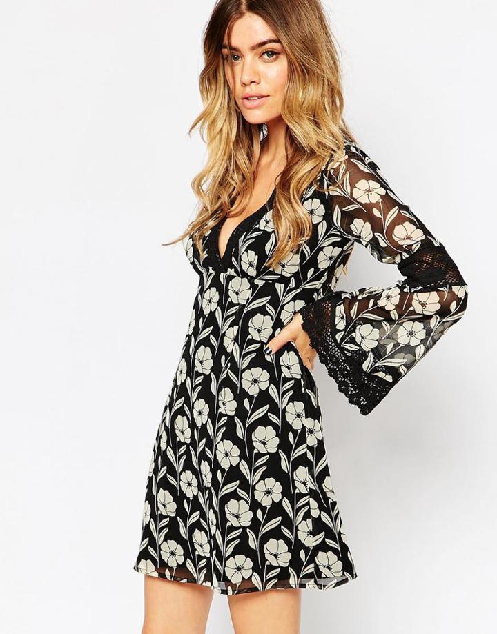Asos Skater Dress With Lace Inserts And Fluted Sleeve - Floral