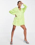 I Saw It First Oversized Satin Shirt Dress In Lime-green