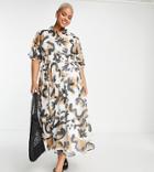 Asos Design Curve Collared Tiered Midi Dress With Shirred Waist In Abstract Floral-multi