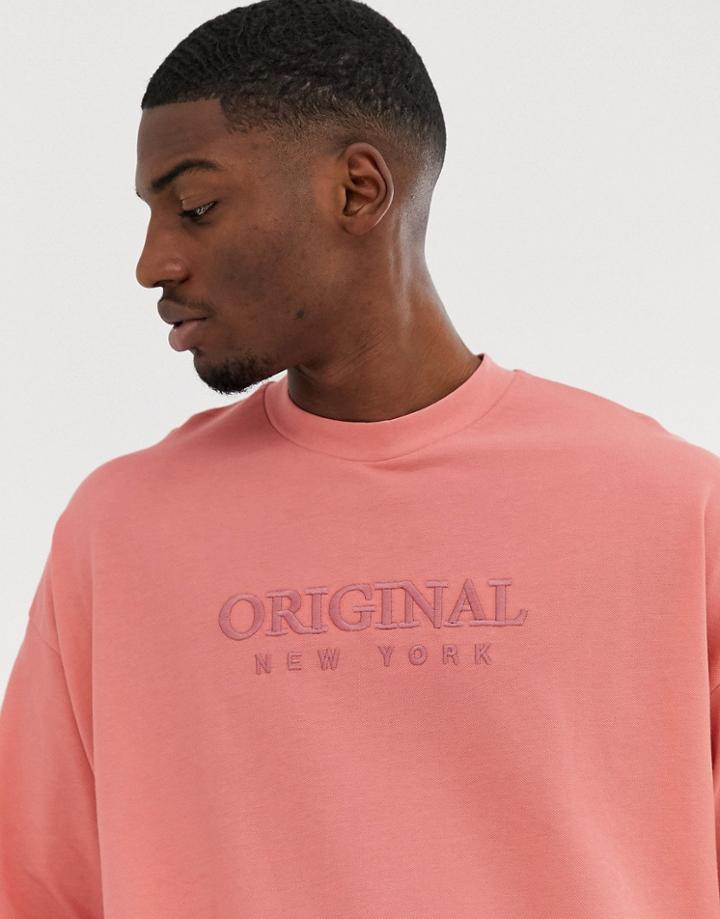Asos Design Oversized T-shirt With City Embroidery In Pique-pink