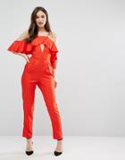Influence Cold Shoulder Ruffle Jumpsuit - Red