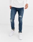 Celio Skinny Jeans In Mid Wash With Distressing-blue