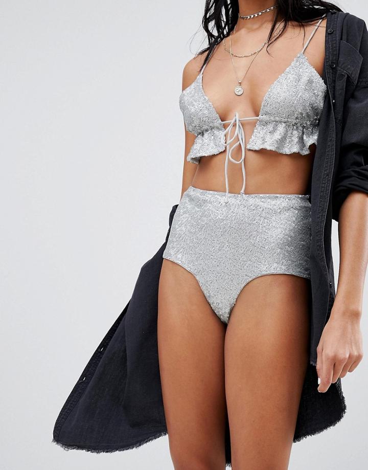 Motel High Waist Hot Pants In Sequin Co-ord - Silver