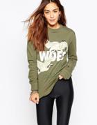 Criminal Damage Oversized Crew Neck Sweatshirt With Woes Print - Khaki