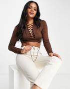 Fashionkilla Lace Up Top In Chocolate-brown