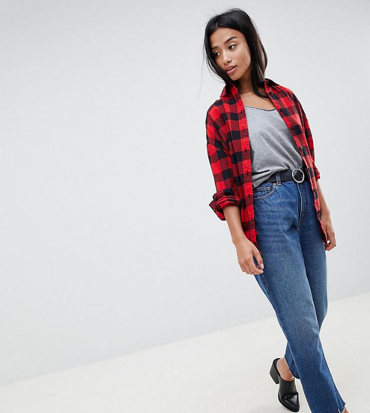 Asos Design Petite Boyfriend Shirt In Red And Black Check - Multi