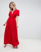 Asos Design Button Through Maxi Tea Dress - Red