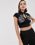 Asos Design Mandarin Collar Top With Dragon Embellishment - Black