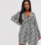 Prettylittlething Plus Plunge Mini Dress With Twist Detail In Zebra Print - Multi