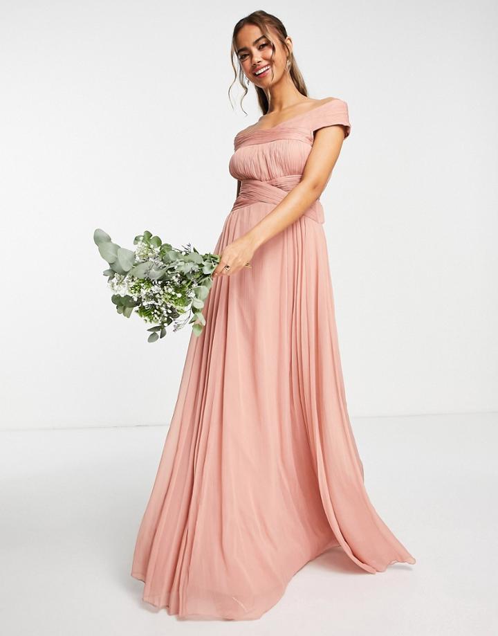Asos Design Bridesmaid Off Shoulder Ruched Bodice Maxi Dress With Skirt Pleat Detail-pink