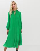 Asos Design Pleated Trapeze Midi Dress With Tie Neck - Green
