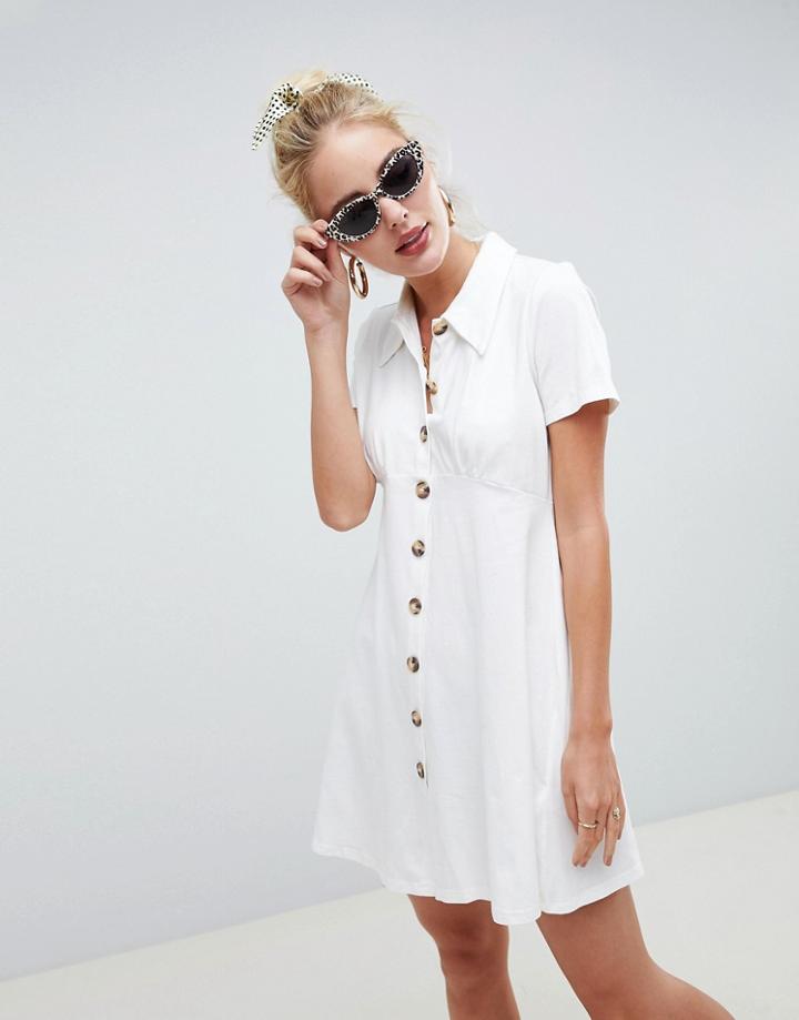 Asos Design Polo Shirt Dress With Tortoiseshell Buttons - White