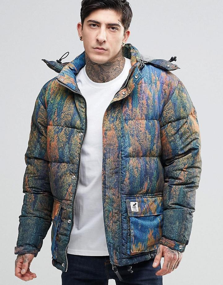 Fat Moose Urban Heat Quilted Jacket Forest Print Detachable Hood - Green
