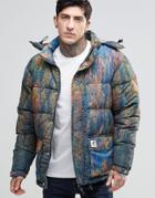 Fat Moose Urban Heat Quilted Jacket Forest Print Detachable Hood - Green