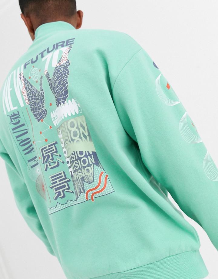 Asos Design Oversized Sweatshirt With Half Zip & Multi Placement Print