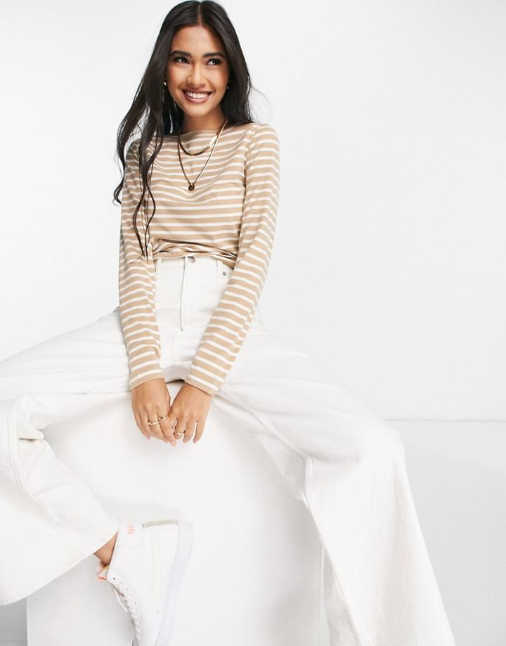 Asos Design Long Sleeve Striped T-shirt In Stone-neutral