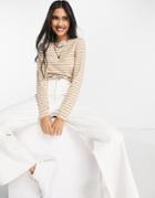 Asos Design Long Sleeve Striped T-shirt In Stone-neutral