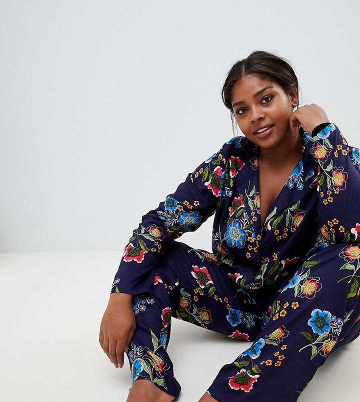 Asos Design Curve Abstract Navy Floral Traditional 100% Modal Pants Set - Navy