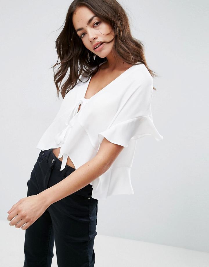 Asos Tie Front Blouse With Frill Sleeve - White