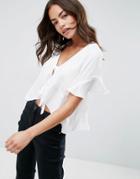 Asos Tie Front Blouse With Frill Sleeve - White