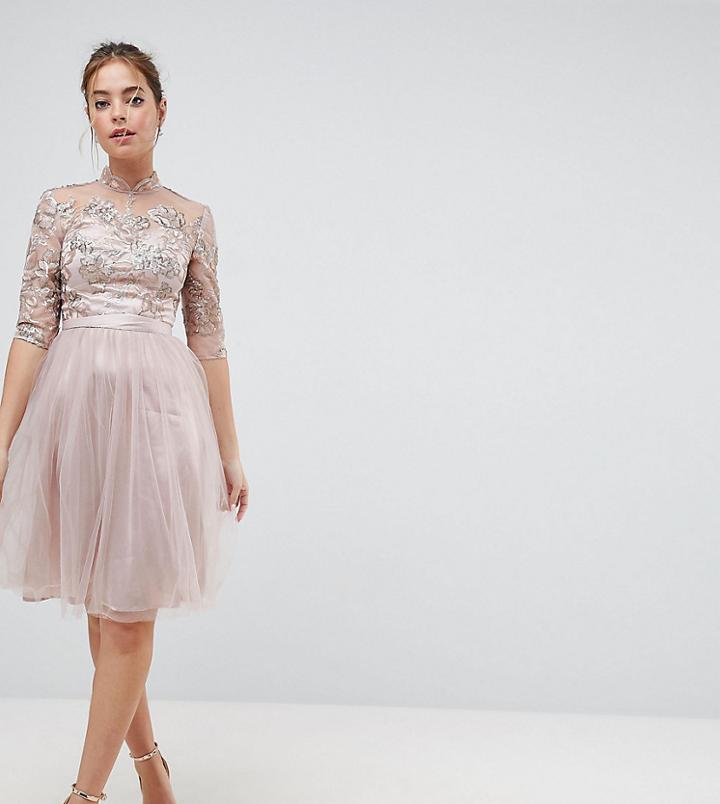Chi Chi London Petite High Neck Tulle Midi Dress With Cut Out Back Detail-brown
