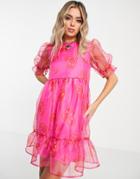 Twisted Wunder Smock Mini Organza Dress In Happy Heart Print-pink