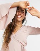 Asos Design Wrap Top With Fluted Sleeve In Blush-pink