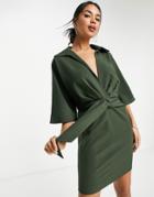 Asos Design Collared Wrap Front Batwing Mini Dress With Knot In Khaki-green