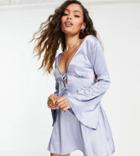Asos Design Petite Tie Front Fit And Flare Skater Mini Dress In Pale Blue-blues