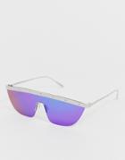 Asos Design Visor Sunglasses In Silver With Purple Mirrored Lens & Brow Detail - Silver
