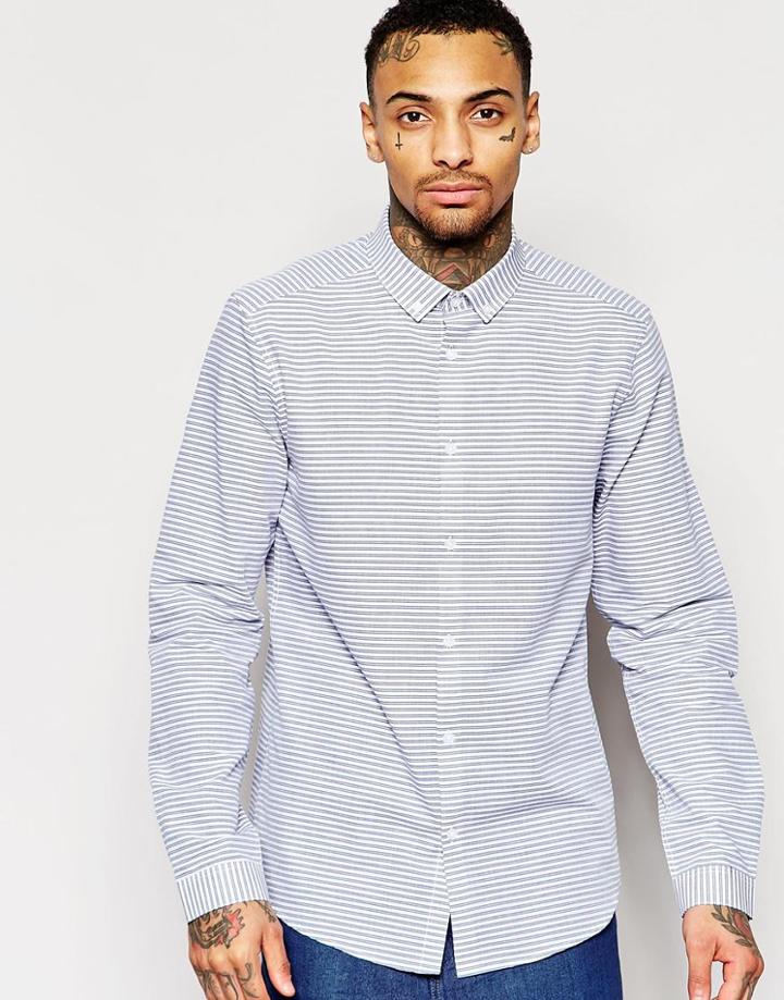Asos Shirt In Blue Stripe With Button Down Collar In Regular Fit - White