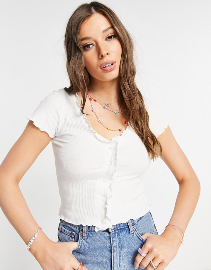 Monki Sonja Short Sleeve Lettuce Hem Jersey Cardigan In White
