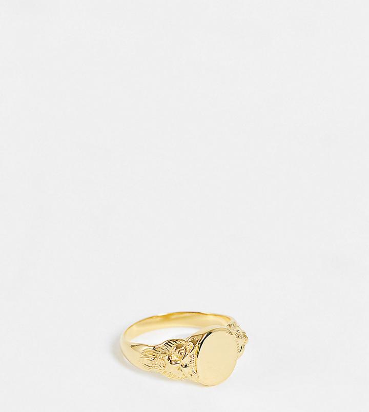 Asos Design Sterling Silver Signet Ring With Floral Emboss In 14k Gold Plate