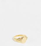 Asos Design Sterling Silver Signet Ring With Floral Emboss In 14k Gold Plate