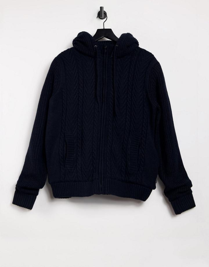 French Connection Wool Blend Sherpa Lined Hooded Knit Sweater In Navy