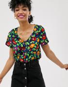 Monki Floral Print Cropped Blouse With Short Sleeves In Black-multi