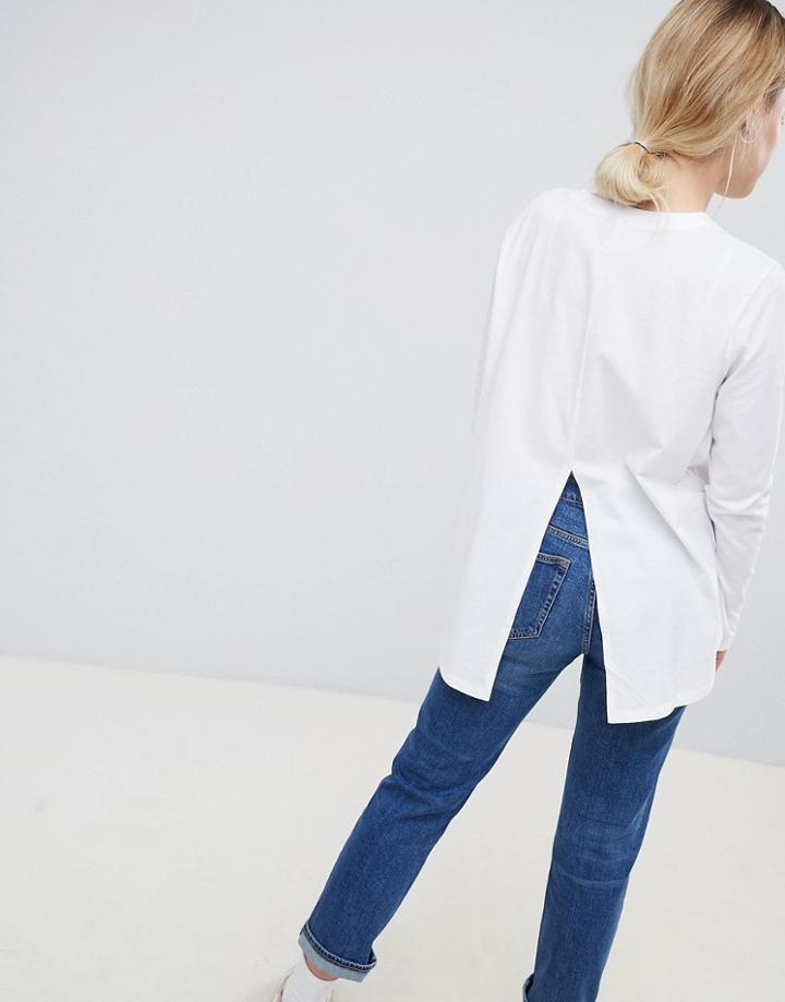 Asos Design Long Sleeve T-shirt With Dip Hem And Split Back In White - White