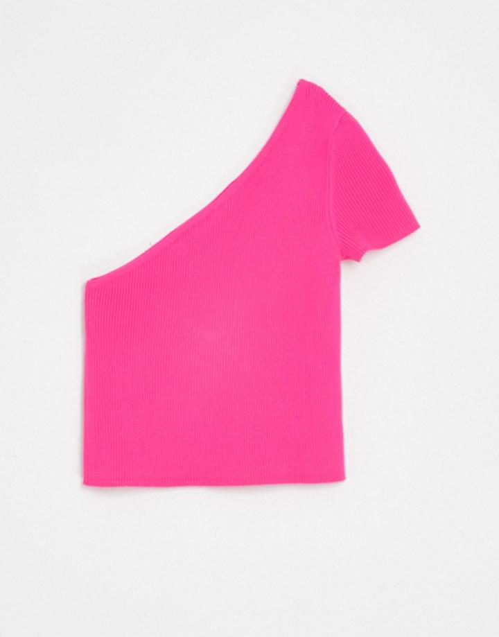 Bershka Ribbed Asymmetric T-shirt In Pink