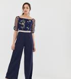 Little Mistress Tall Embroidered Top Wide Leg Jumpsuit In Navy