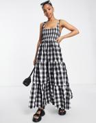 Asos Design Shirred Maxi Sundress With Tiers In Mono Gingham-multi